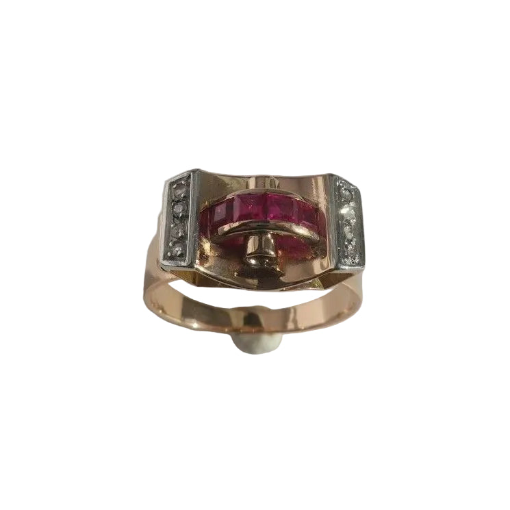Bague Tank Art Déco diamants rubis or platine