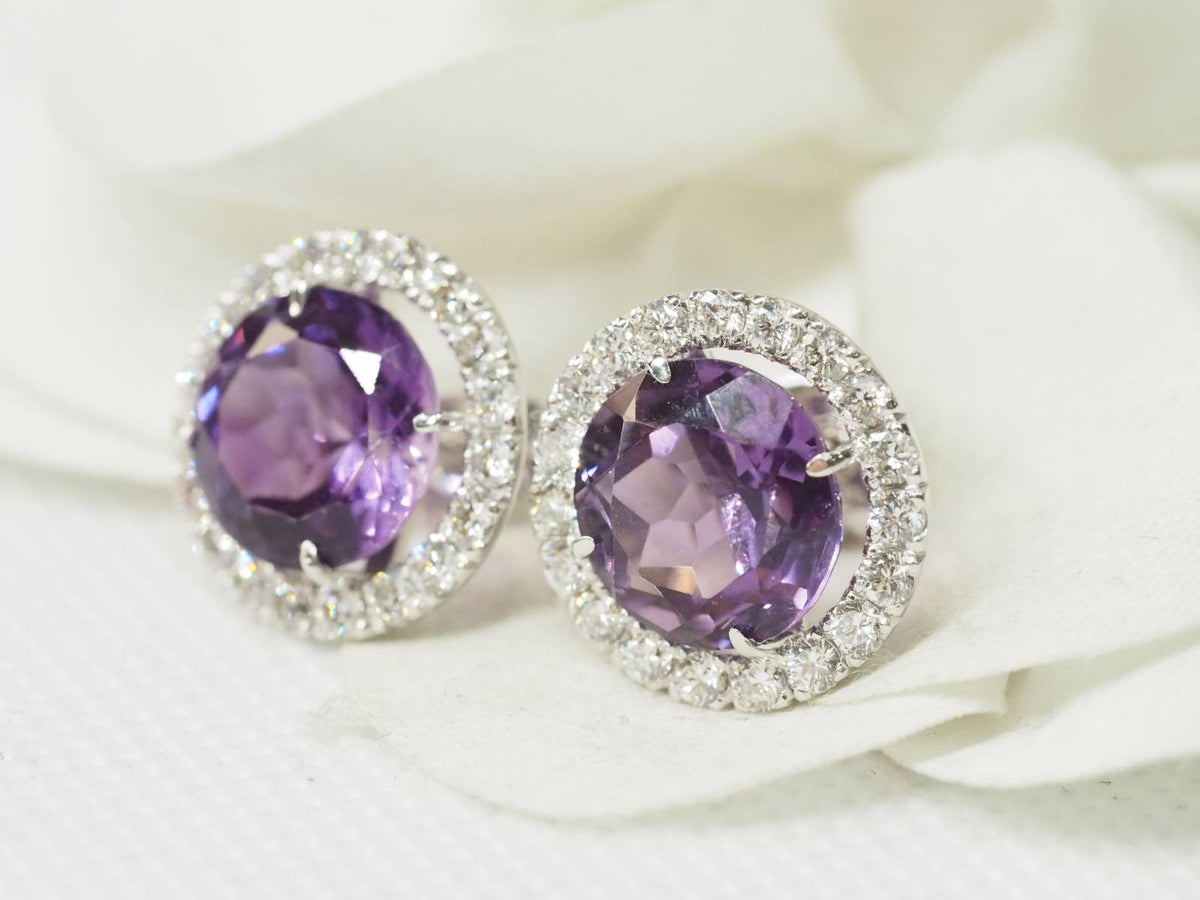 Flea earrings in white gold, round Amethysts and Diamonds