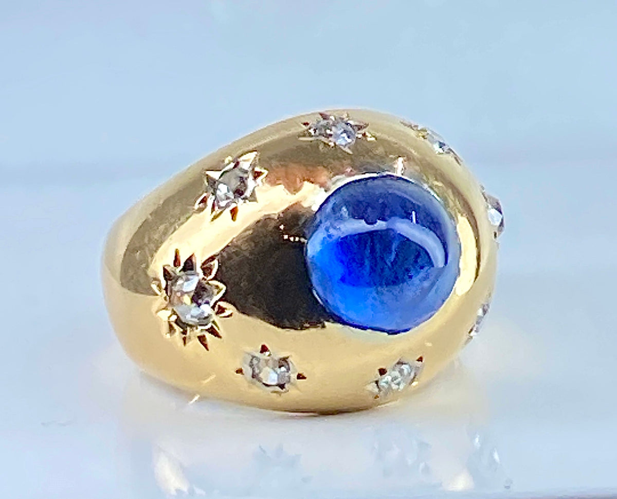 18K Yellow Gold Ring, 5.10 Carat Unheated Ceylon Sapphire and Diamonds