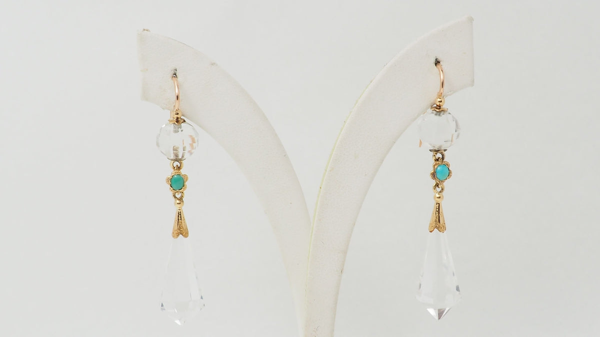 Earrings in yellow gold, rock crystal and turquoise 