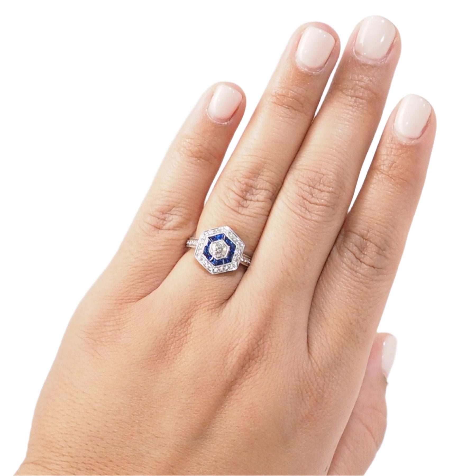 Double entourage ring in white gold, sapphires and diamonds