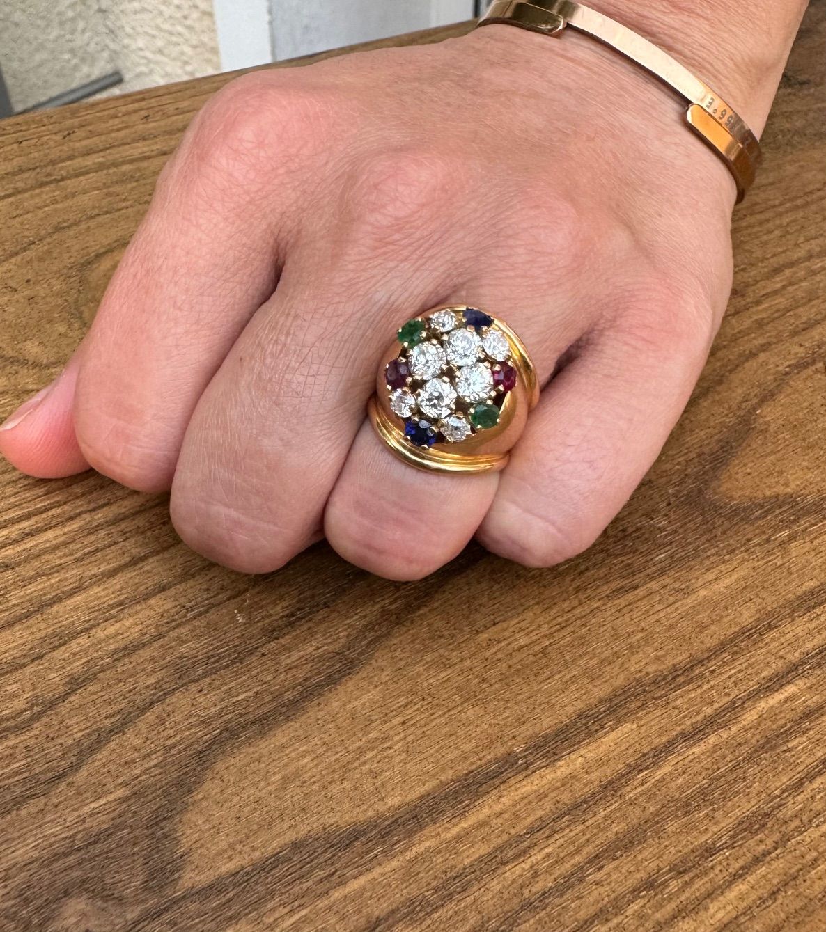 Ring Cocktail in yellow gold, rubies, sapphires, emeralds and diamonds