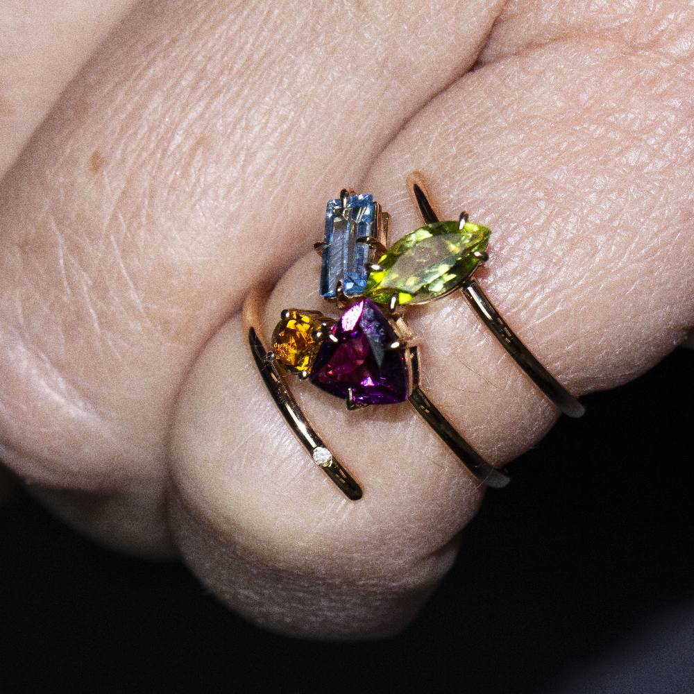 Cocktail Ring in Rose gold, Peridot, Topaz, Garnet, Tourmaline and Diamond