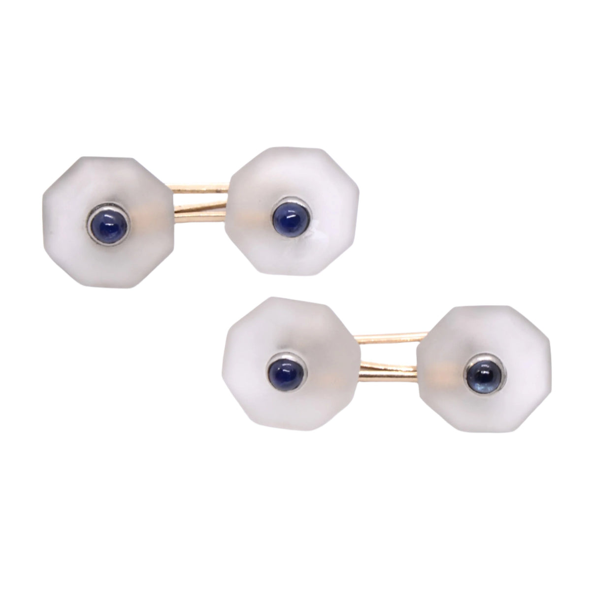 Boutons de manchette Art Deco en or rose, or jaune, cristal de roche et saphir