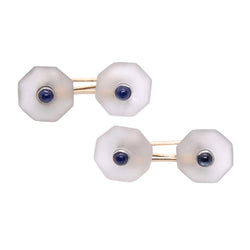 Boutons de manchette Art Deco en or rose, or jaune, cristal de roche et saphir