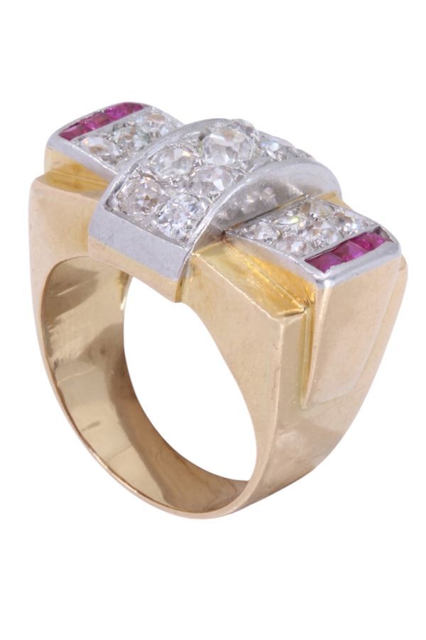 Ruby and diamond tank ring in yellow gold and platinum