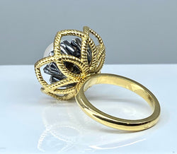 Bague en or jaune 18 carats et argent,perle fine et diamants