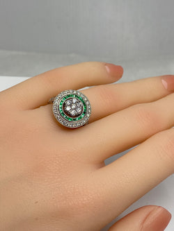 Round 18k gold emerald and diamond ART DECO style ring