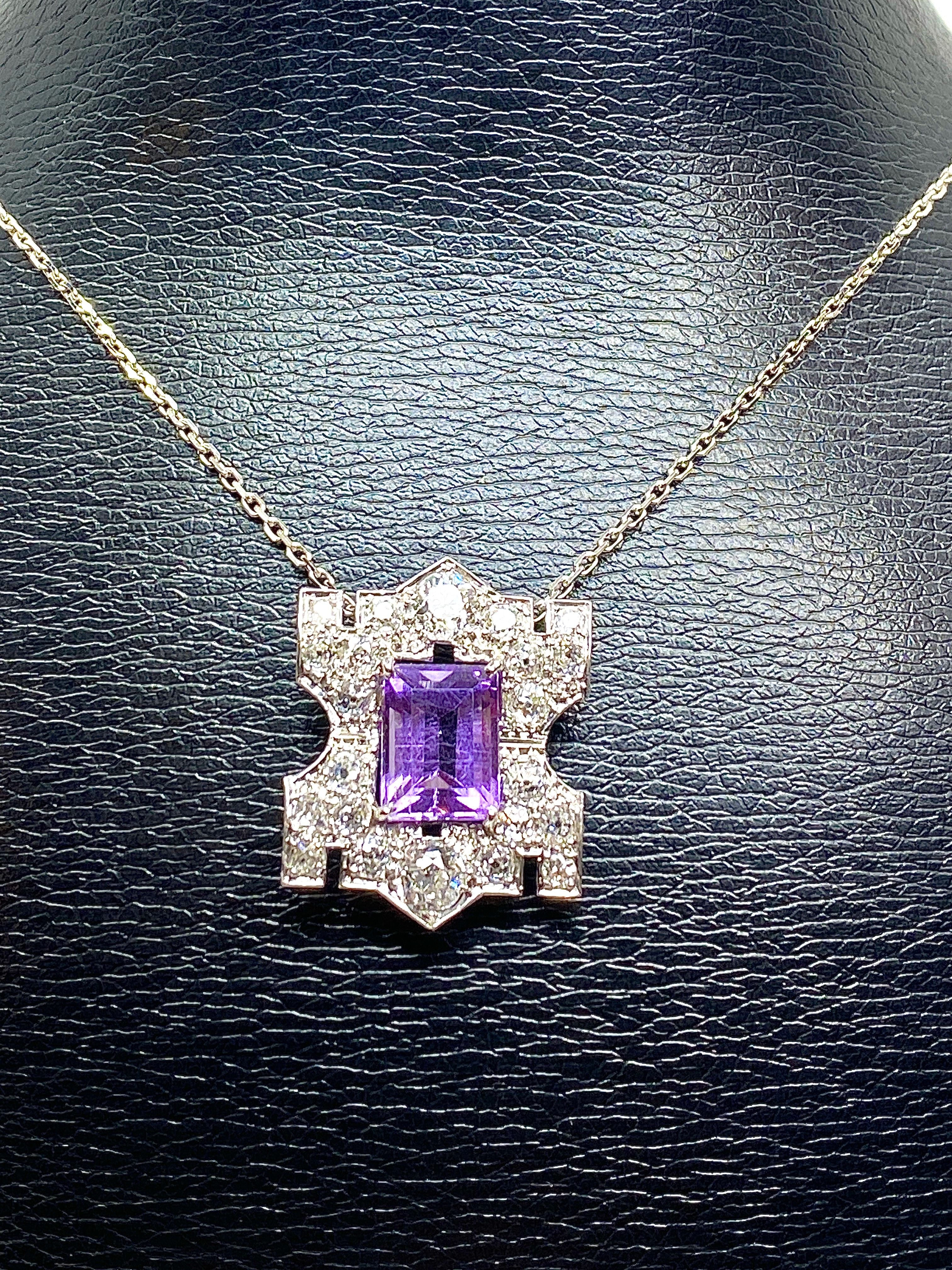 Pendentif en platine : améthyste et diamants