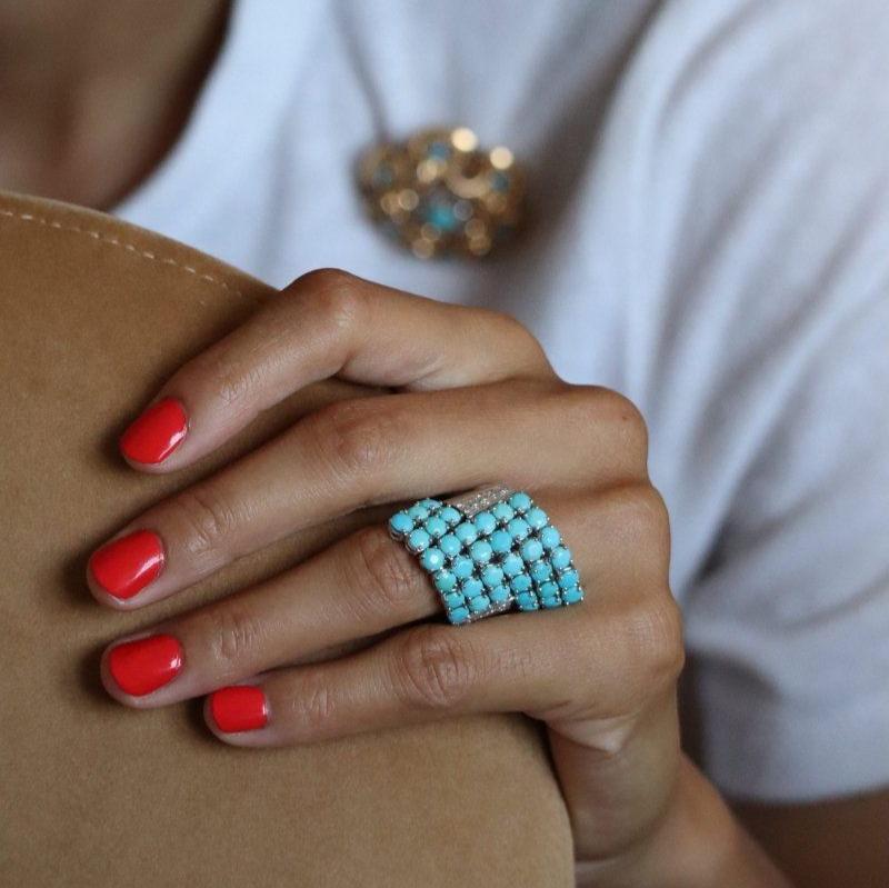 RINALDO GAVELLO Cocktail Ring in white gold, turquoise and diamonds