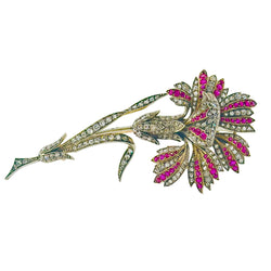Brooch Pin in yellow gold, silver, ruby and diamonds