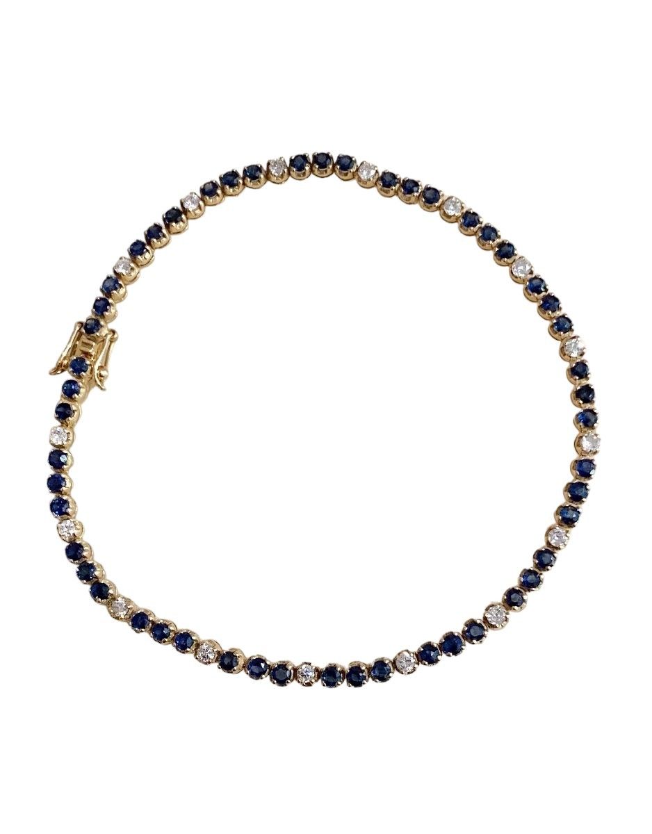 Bracelet Tennis, en or jaune 14k, saphirs et diamants