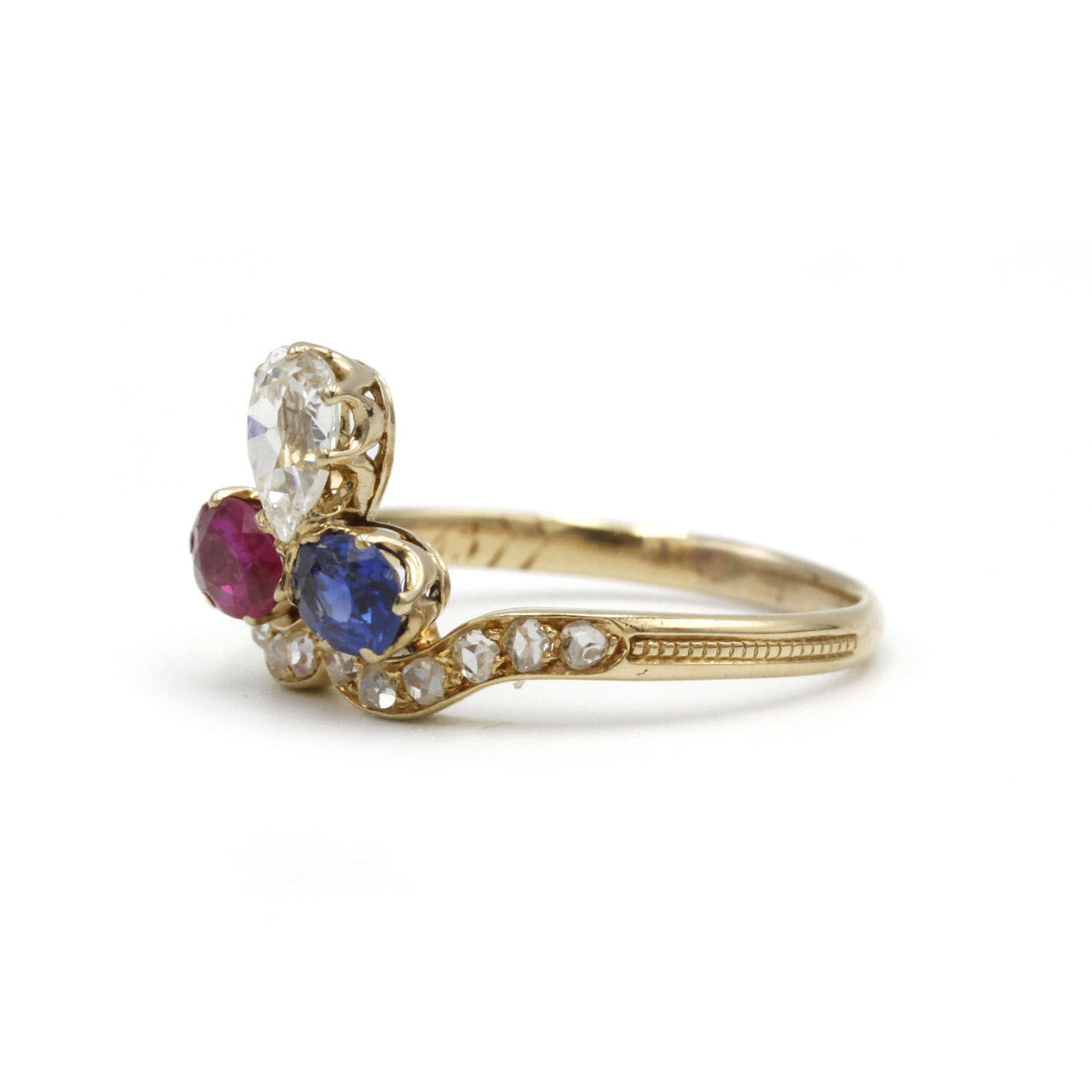 Trilogie XIXème Ring - Yellow gold, diamonds, rubies and sapphire.