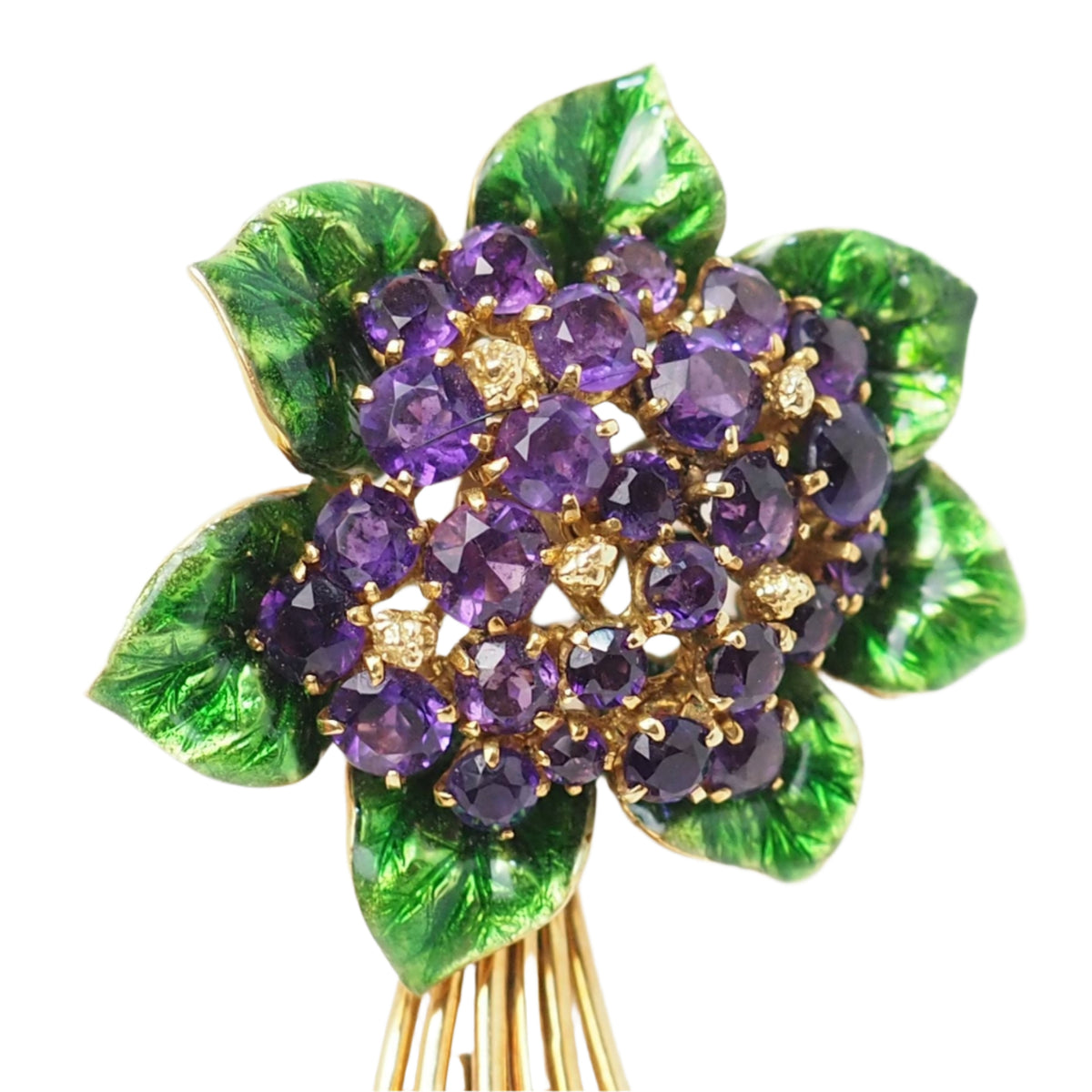 Yellow Gold Brooch with Amethysts and Enamel