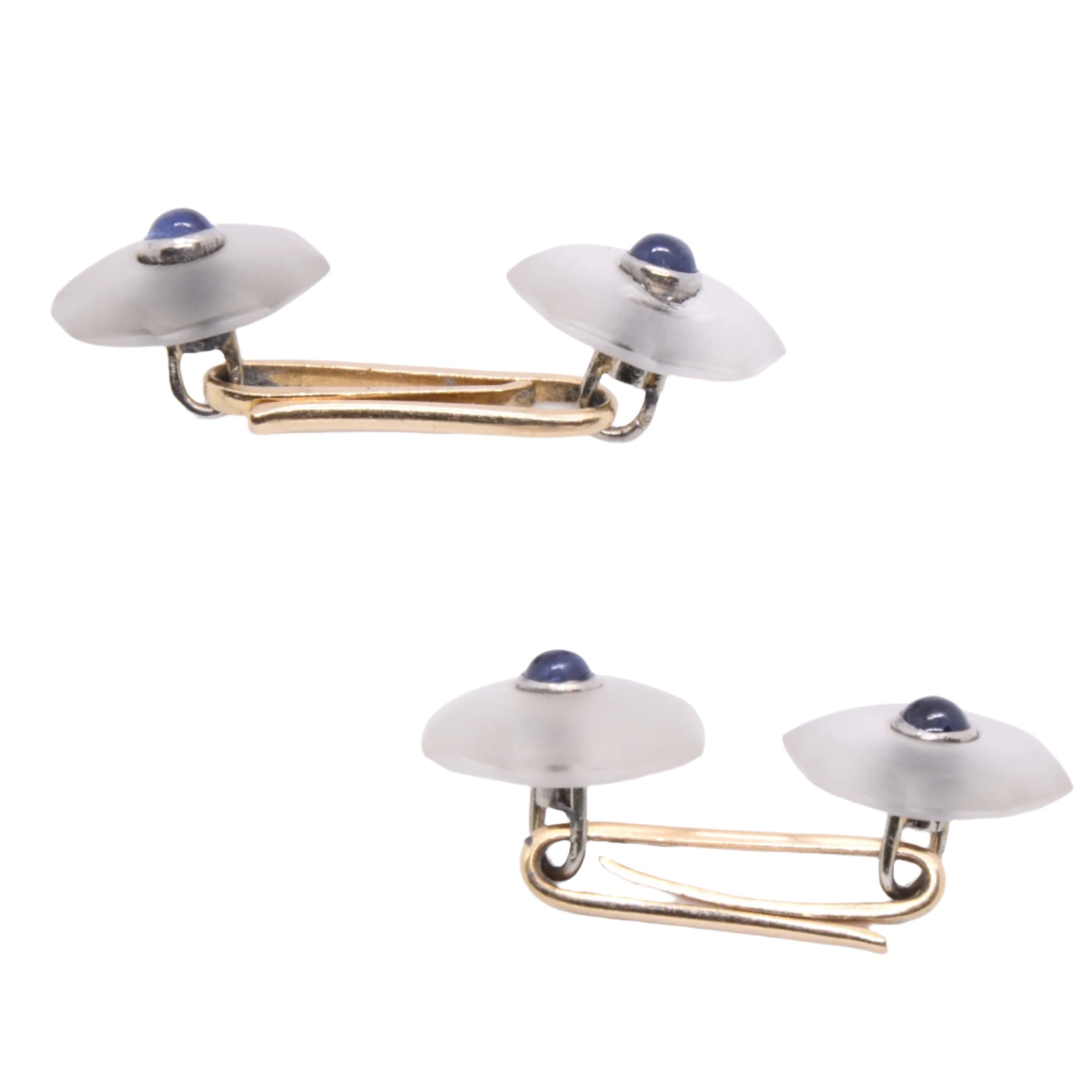 Boutons de manchette Art Deco en or rose, or jaune, cristal de roche et saphir