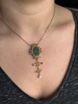 Broche Pendentif Or, Jade et Perle