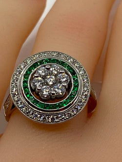 Round 18k gold emerald and diamond ART DECO style ring