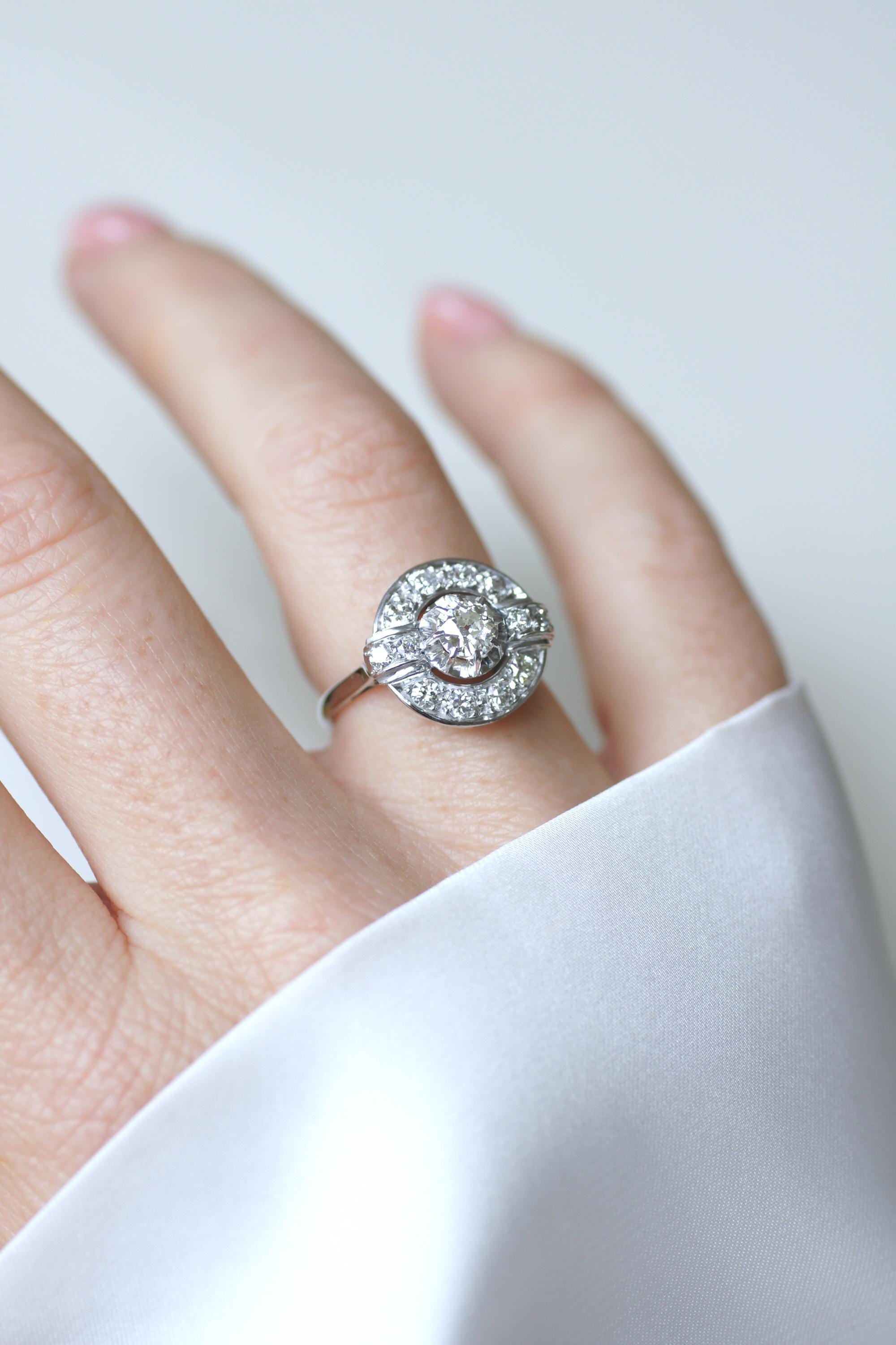 Ring in white gold, paltinium, and diamonds.