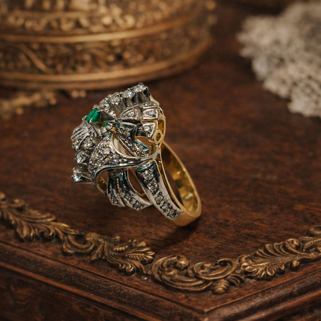 Bague en or jaune et blanc et diamants et émeraude