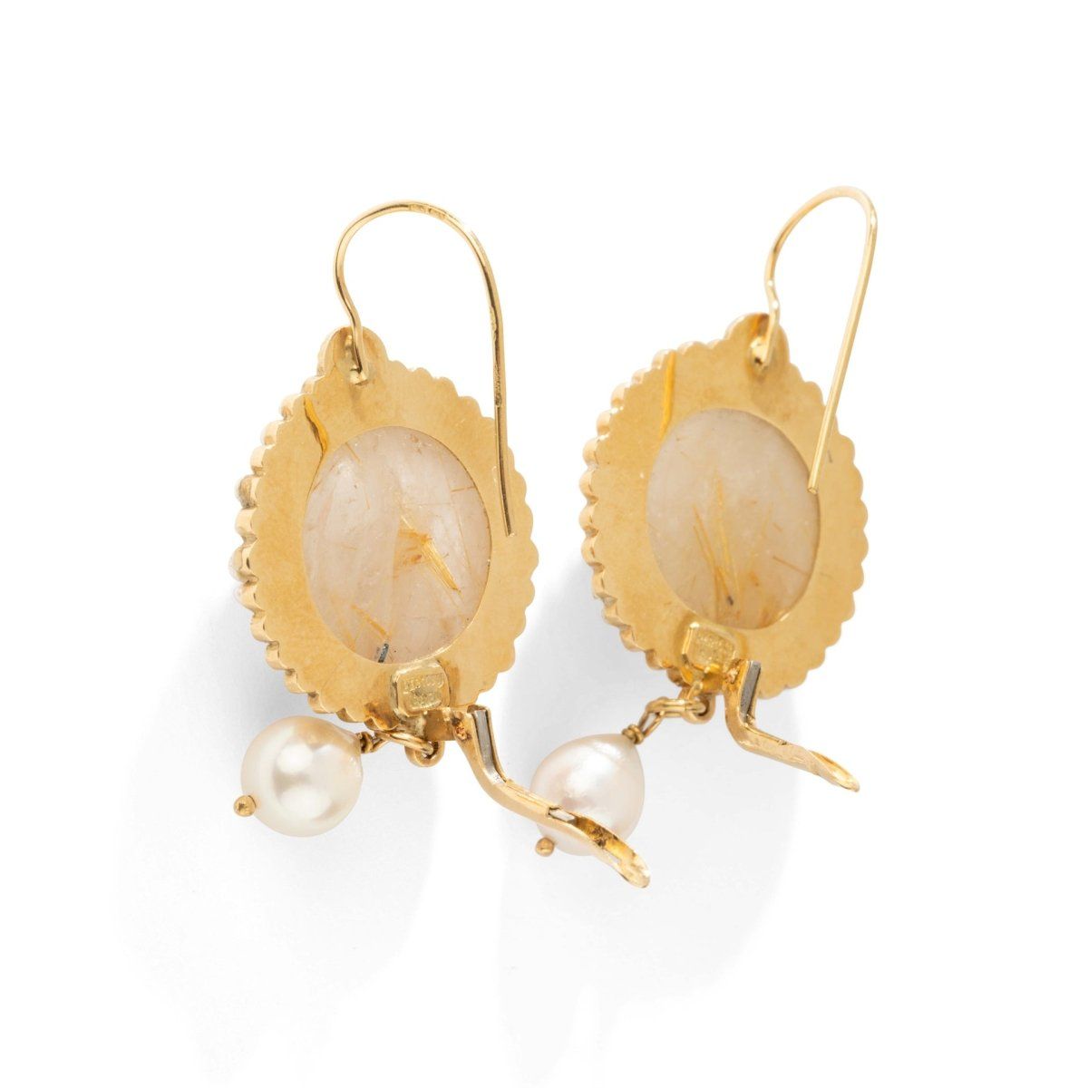 Boucles d'oreilles Pendantes en or jaune, quartz et perles