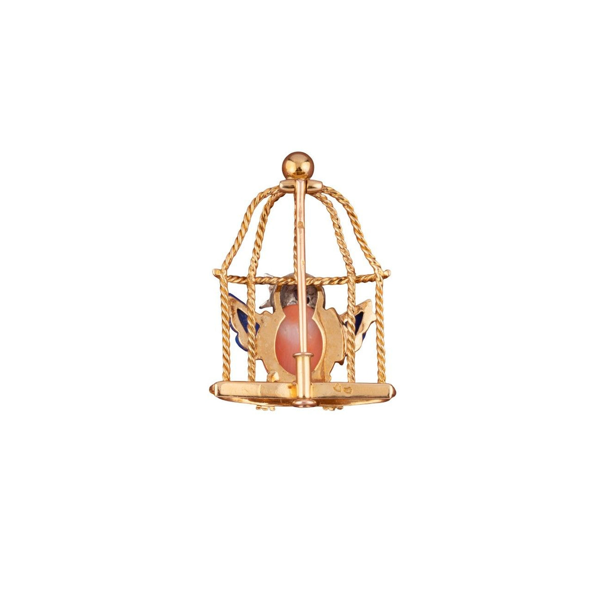 "Free bird” pin brooch in yellow gold, platinum, coral, lapis lazuli, sapphire and diamonds