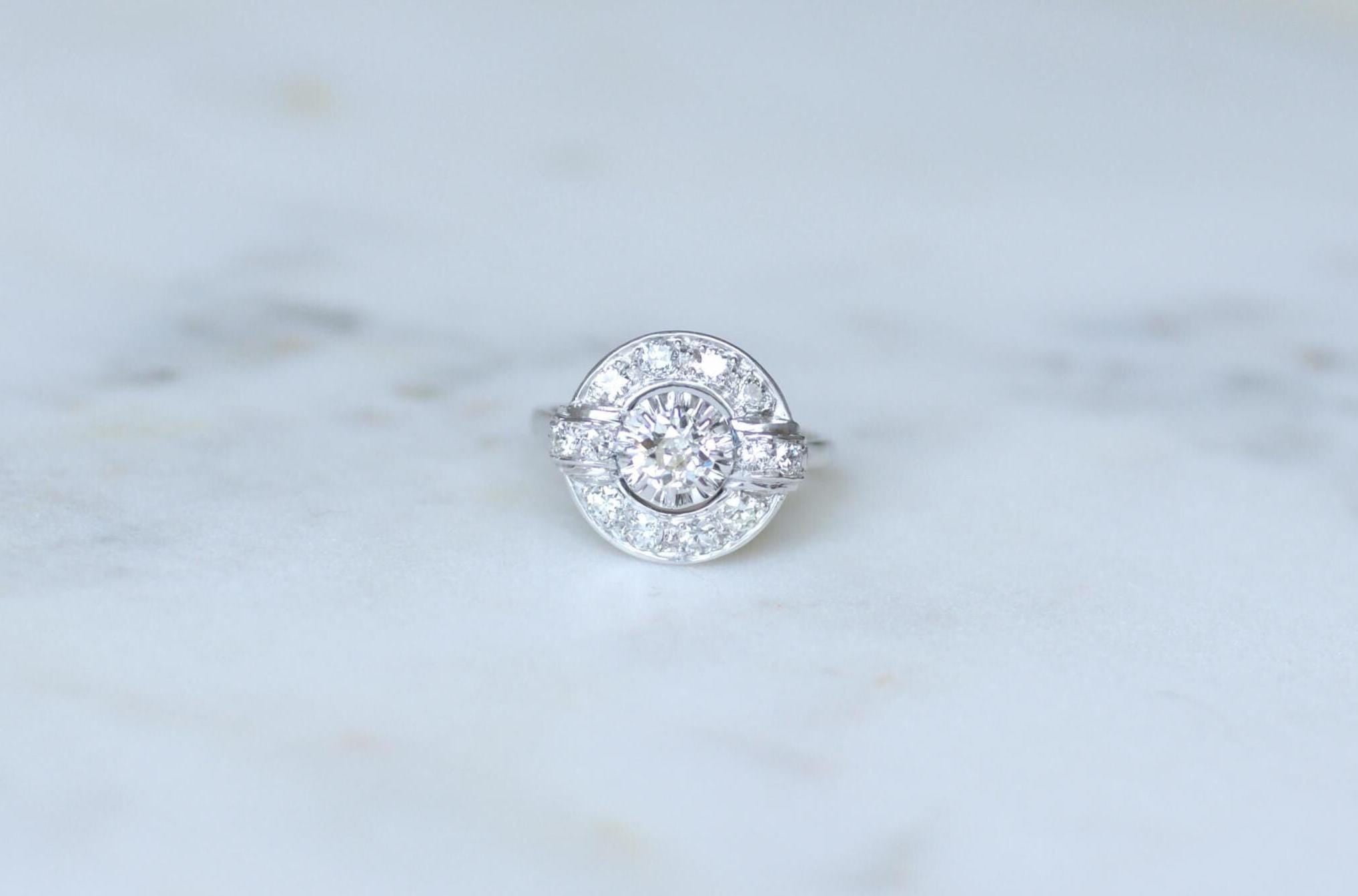 Bague Cible Art Déco Diamants 1,05 Cts sur Or blanc et Platine
