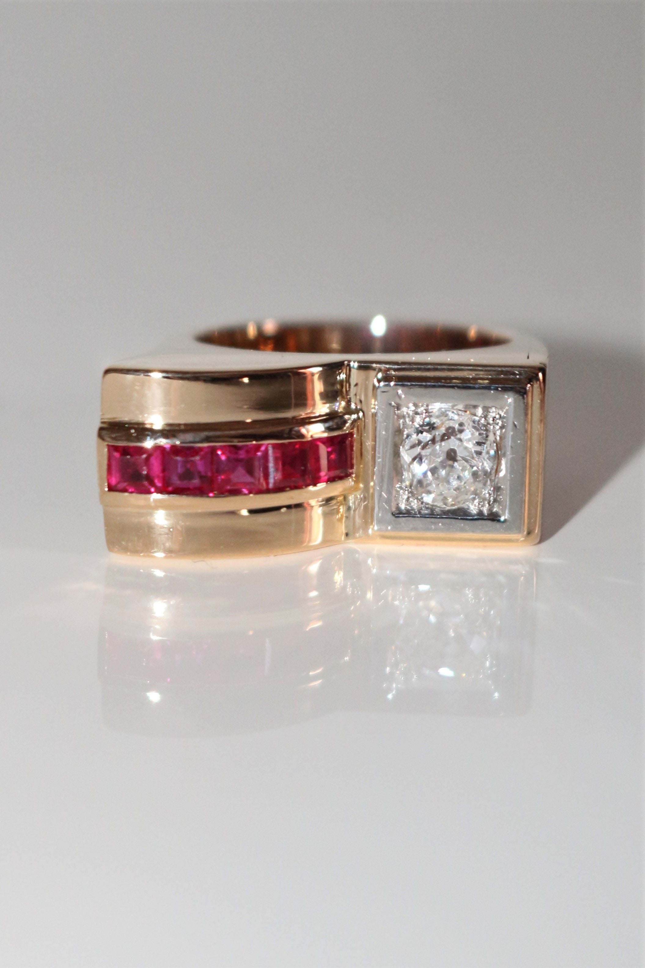 Diamond And Red Stone Tank Ring