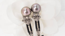 Pair of white gold cognac diamond and pearl earrings 