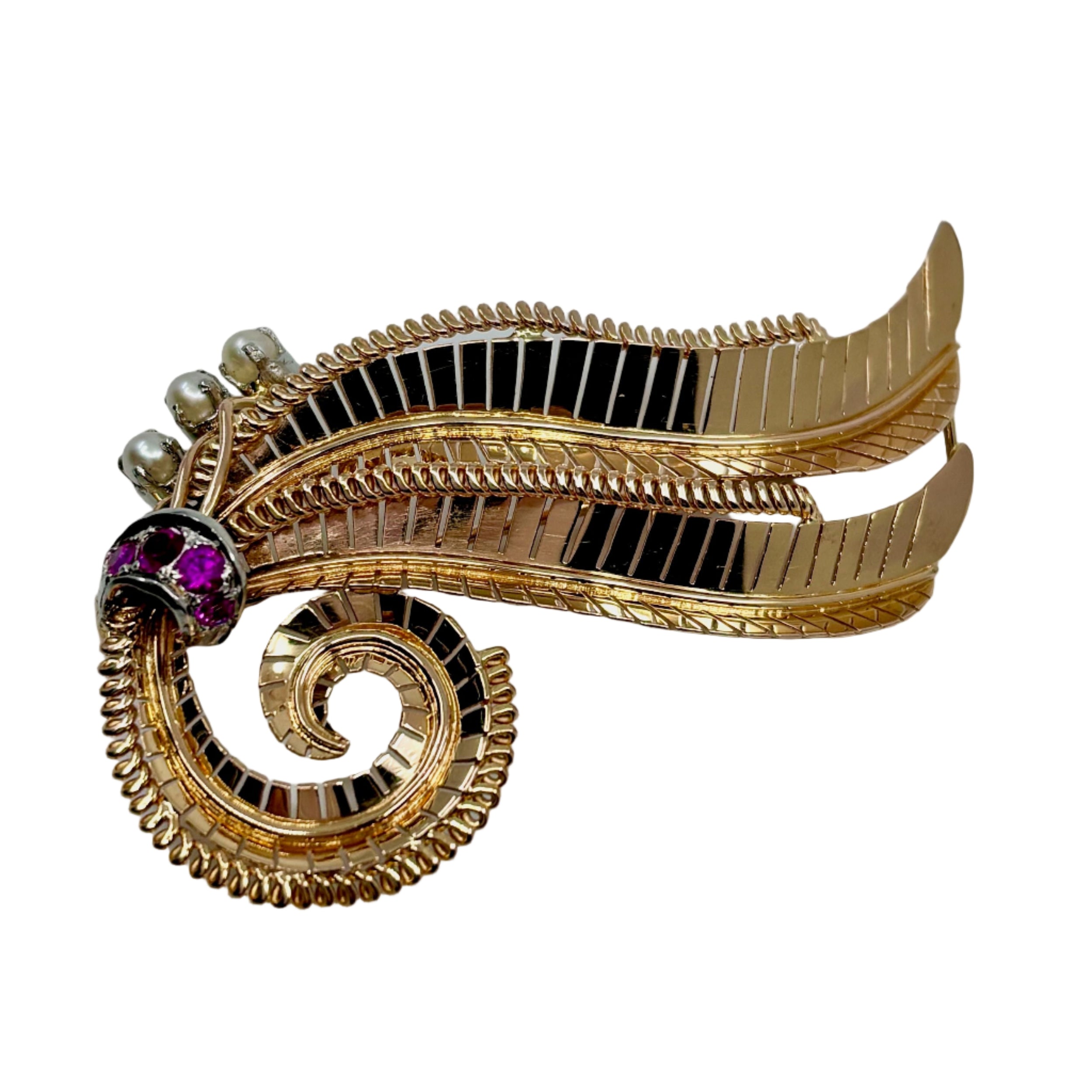 Broche Feuille en or jaune, platine, perles et pierres