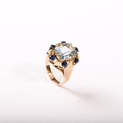 Ring Cocktail in rose gold, aquamarine and sapphires