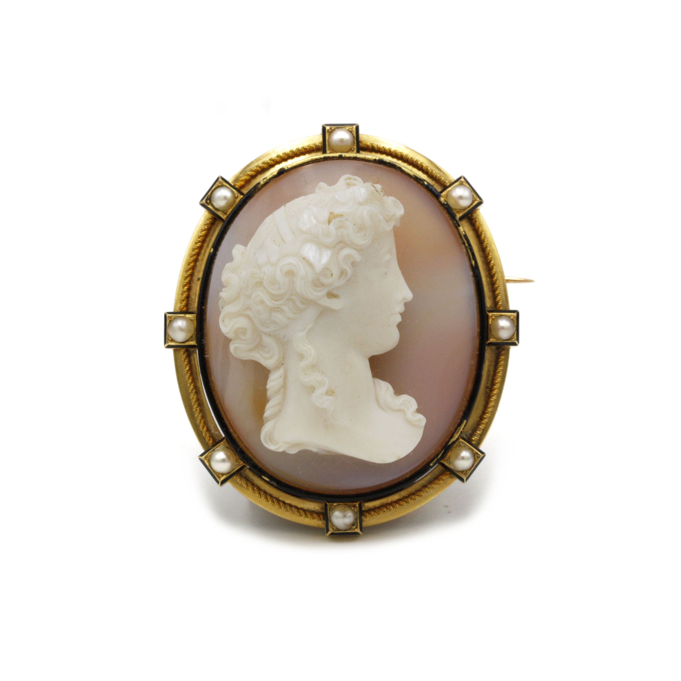 Broche - Or, Camée Sardonyx & Perles