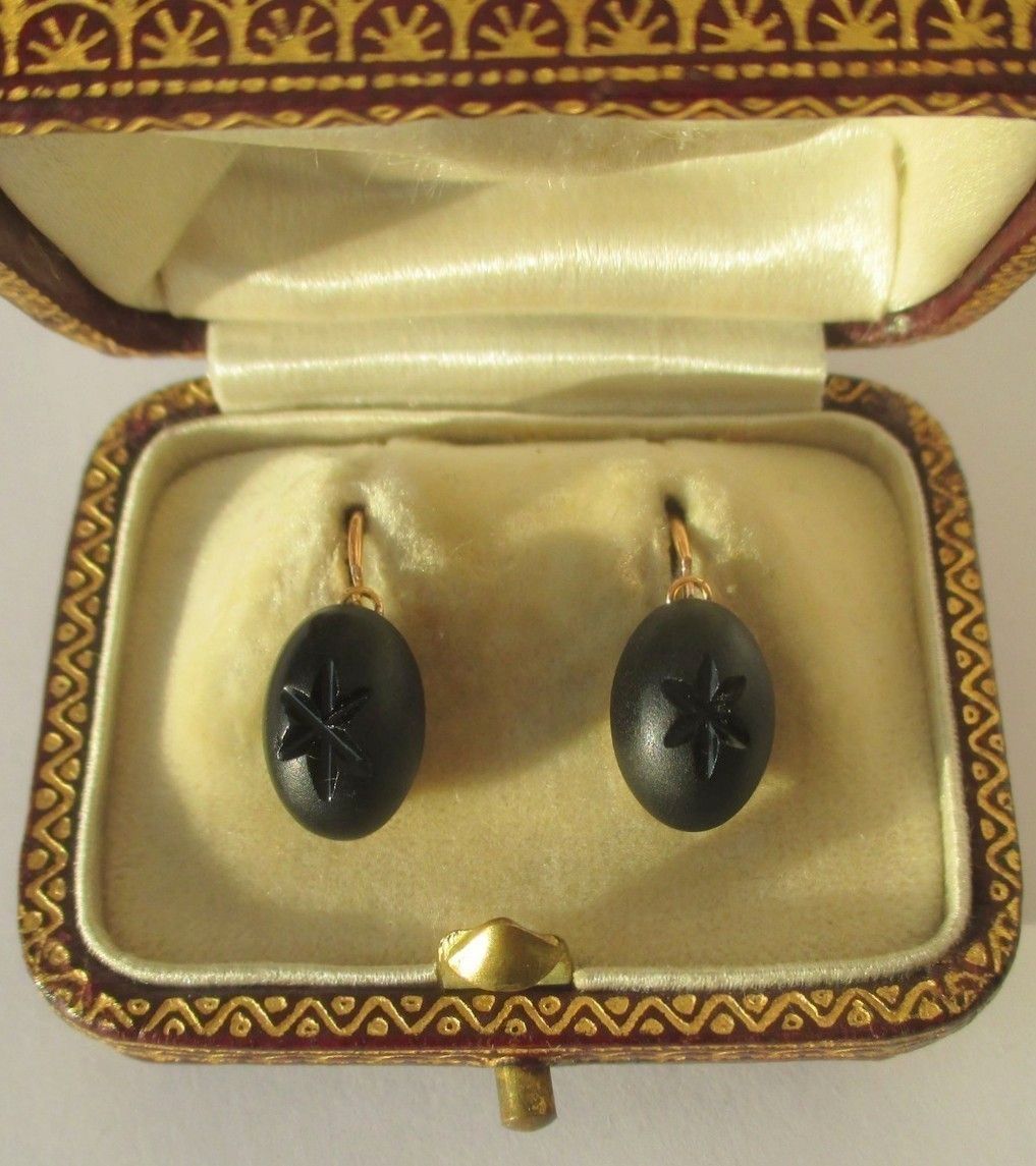 Antique sleeper earrings Jais étoilé Rose gold