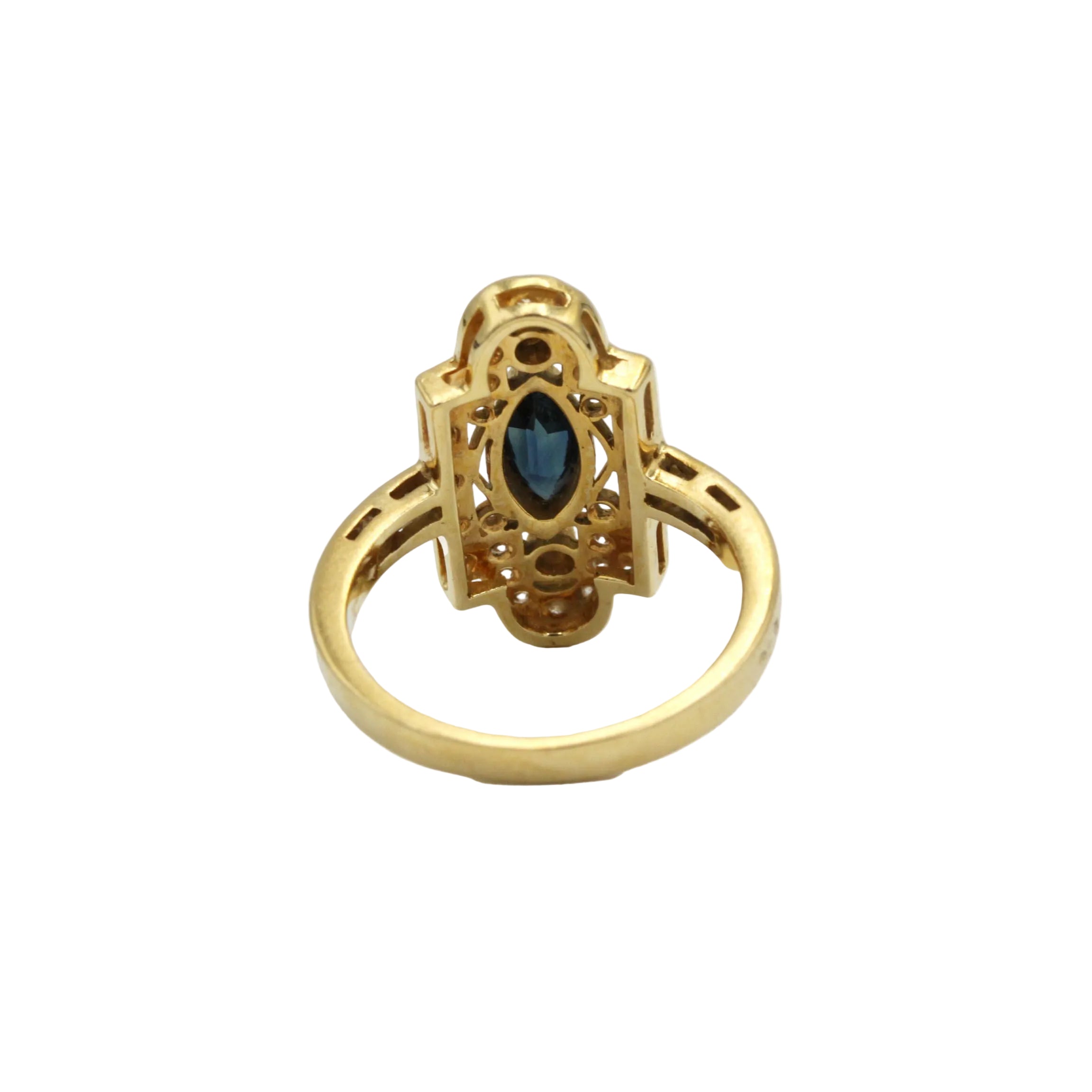 Bague Marquise en or jaune, saphir et diamants