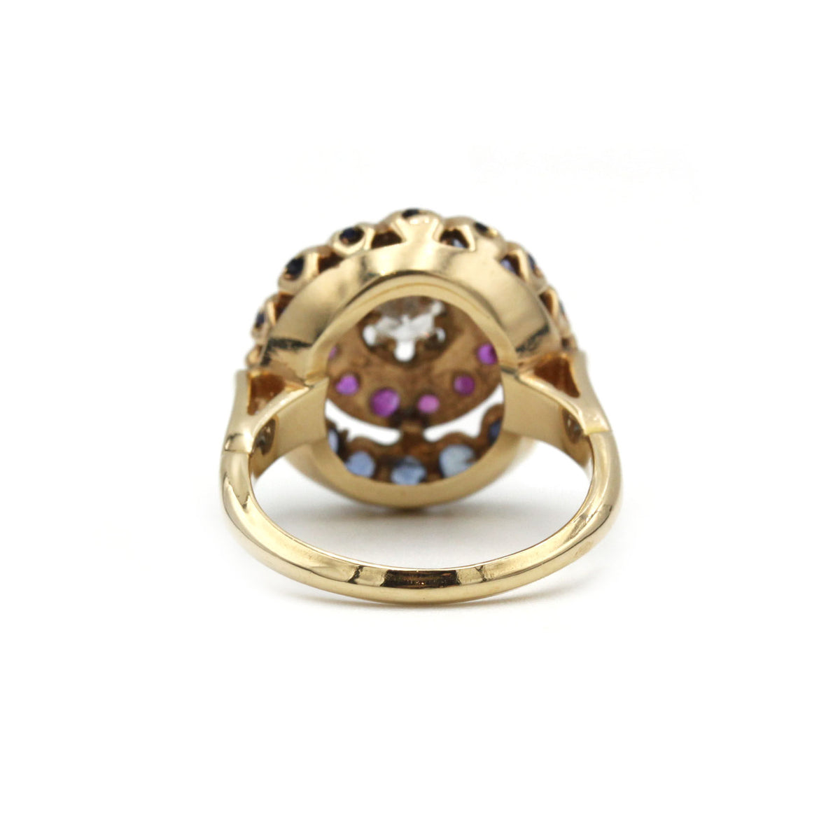Ring Cocktail in yellow gold, rubies, sapphires and diamonds