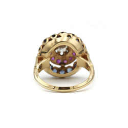 Ring Cocktail in yellow gold, rubies, sapphires and diamonds