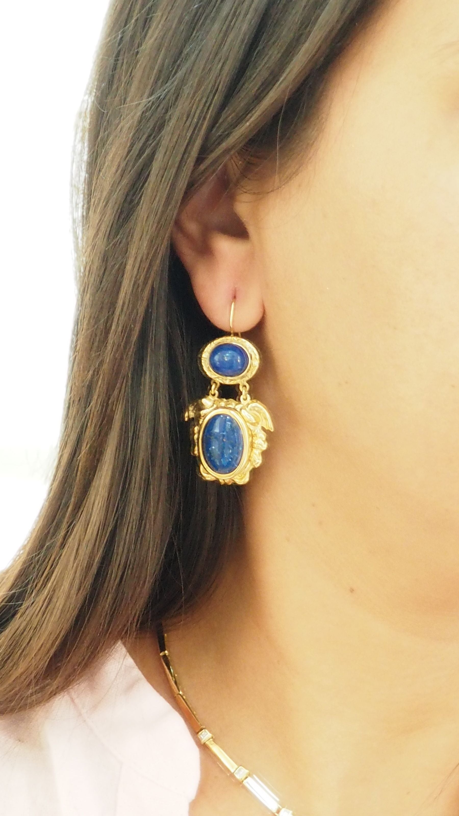 Boucles d'Oreilles Cabochon Lapis Lazuli Et Or Jaune