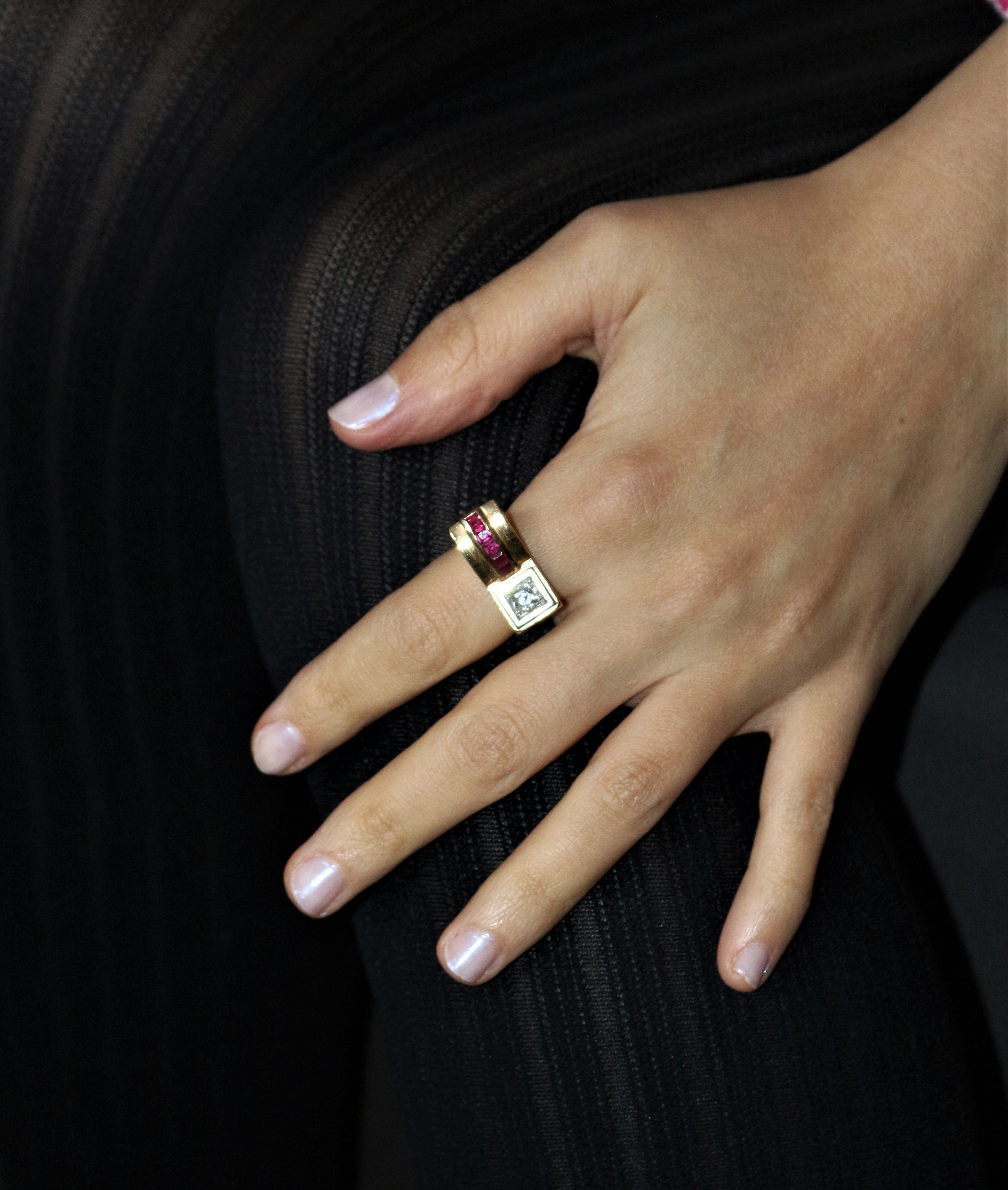 Diamond And Red Stone Tank Ring