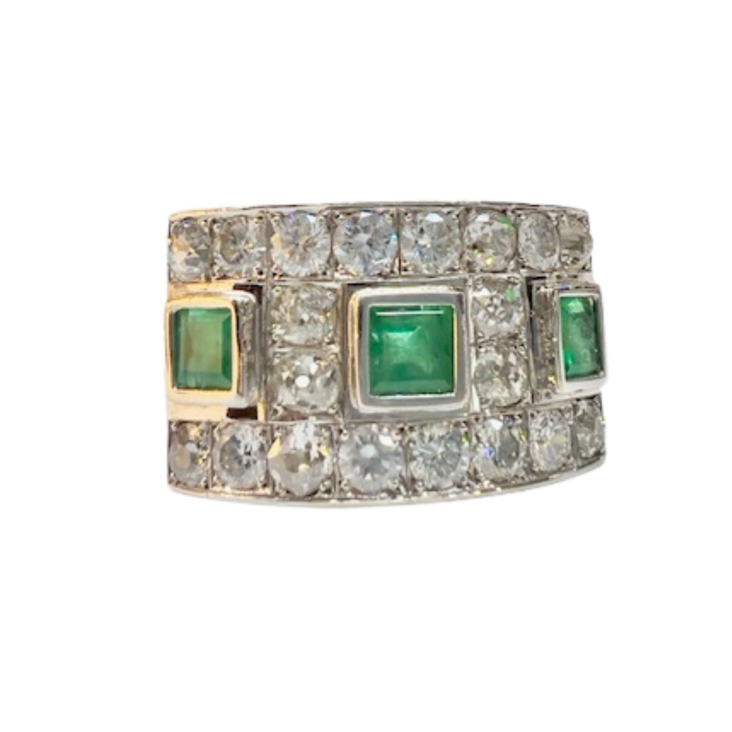 RETRO EPOCA 1950 SORTIJA DISEÑO DE GOLD 18 kts con DIAMANTES y ESMERALDAS