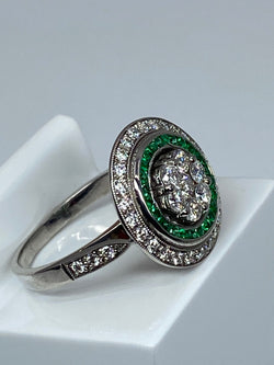 Round 18k gold emerald and diamond ART DECO style ring