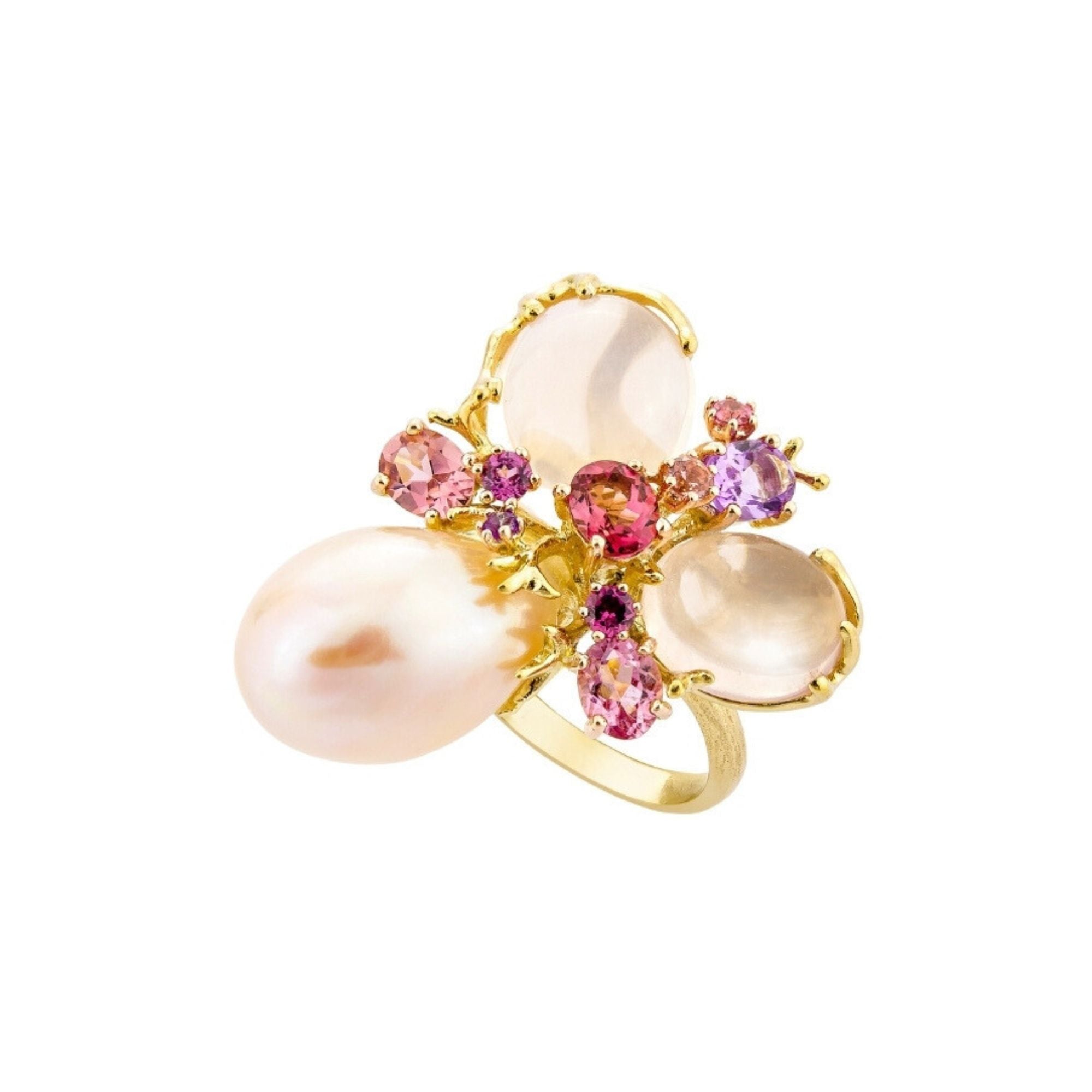 Bague Romance Divine en or jaune 18 carats, perle et quartz rose – EU54