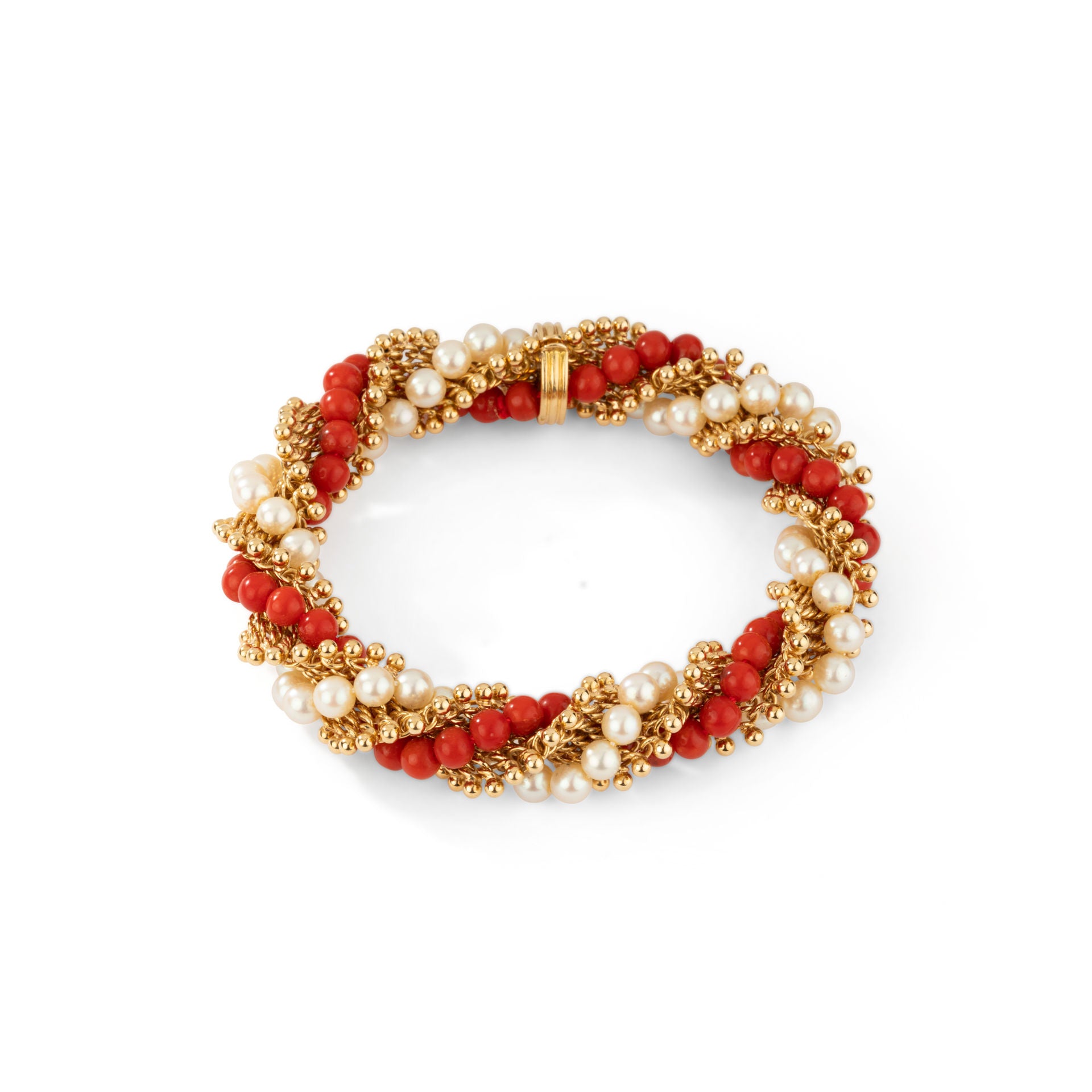 Bracelet VAN CLEEF & ARPELS, Twist or jaune, perles de corail et perles de culture