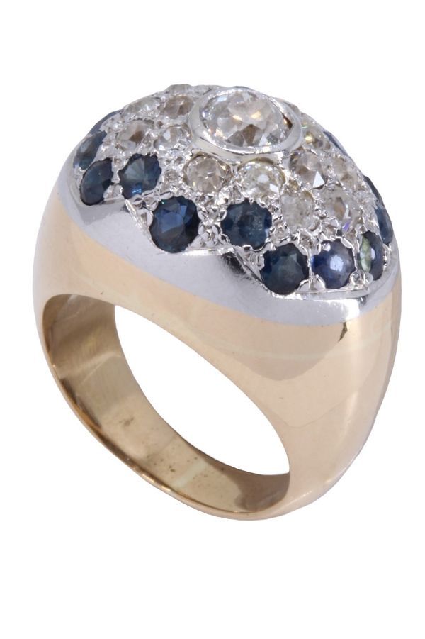 Old dome ring in yellow gold and white gold, sapphire and diamonds