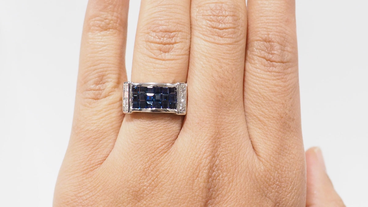 Bague bandeau en or blanc, saphirs et diamants