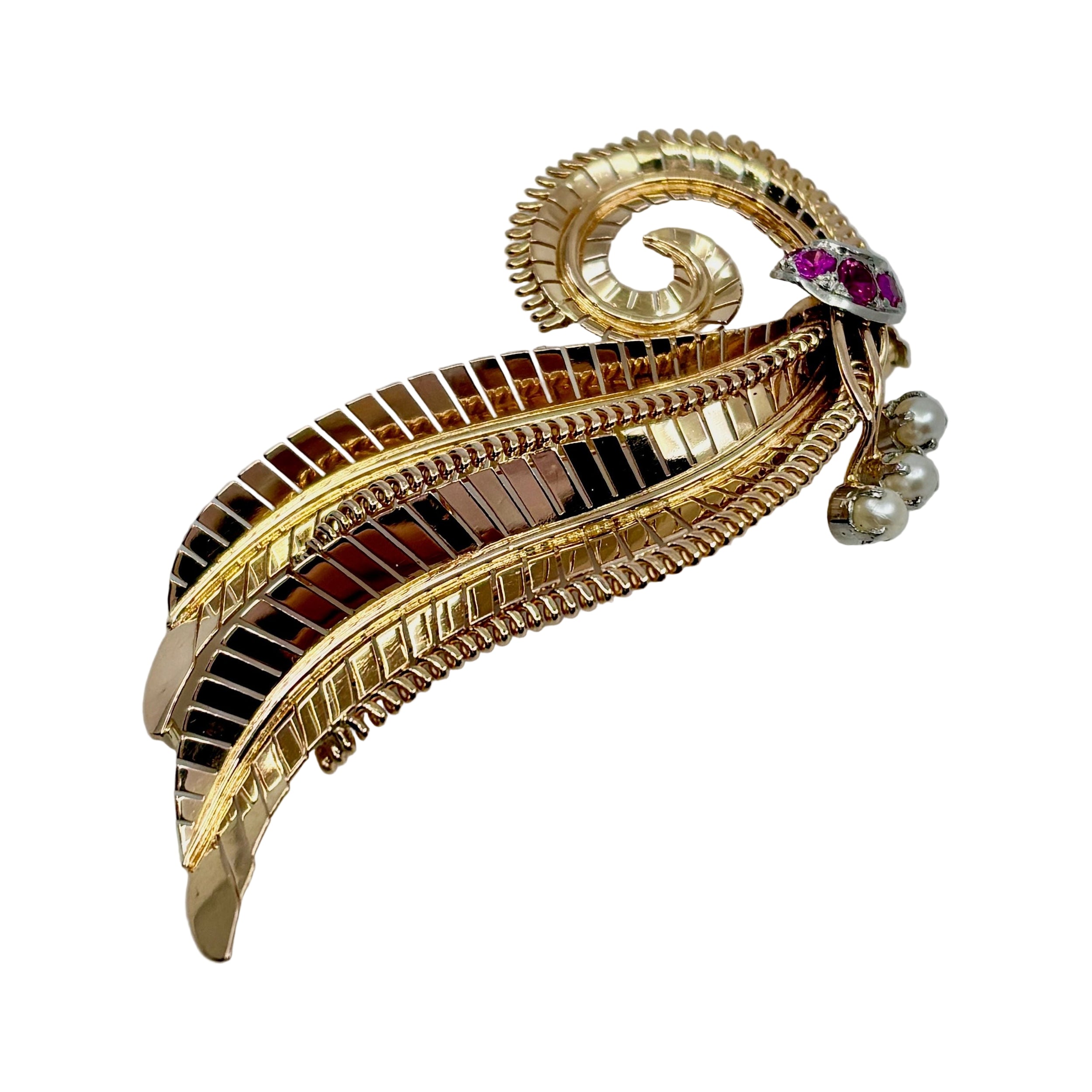 Broche Feuille en or jaune, platine, perles et pierres