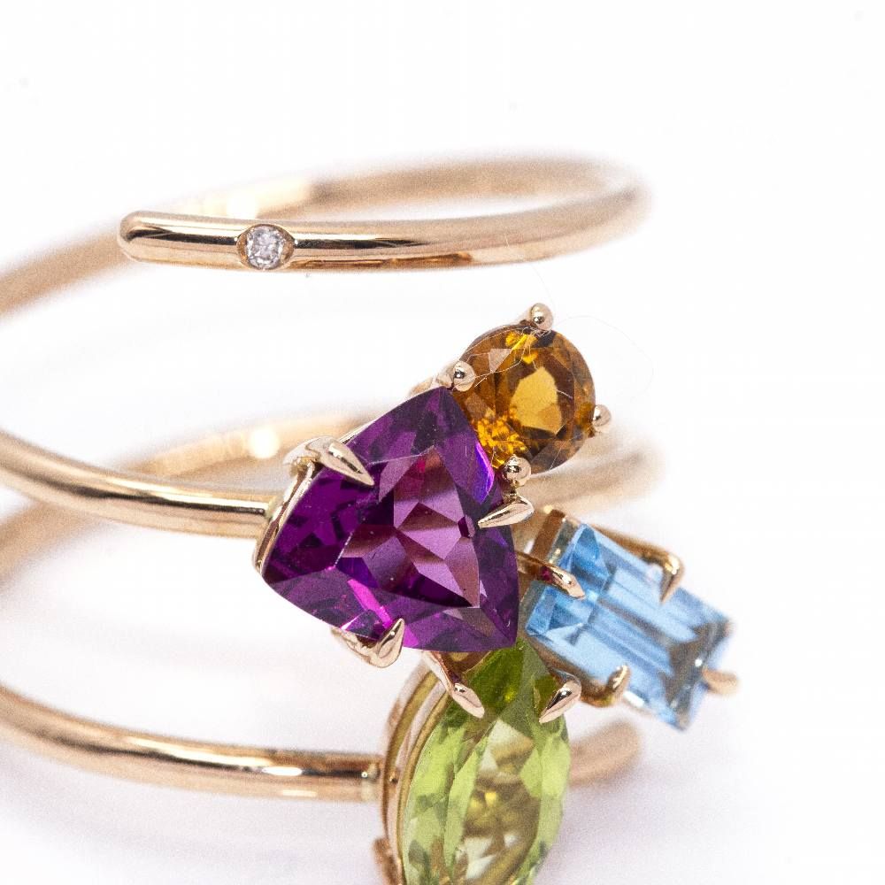 Cocktail Ring in Rose gold, Peridot, Topaz, Garnet, Tourmaline and Diamond