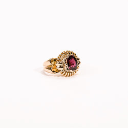 Ring Cocktail in yellow gold, garnet and rhodolite