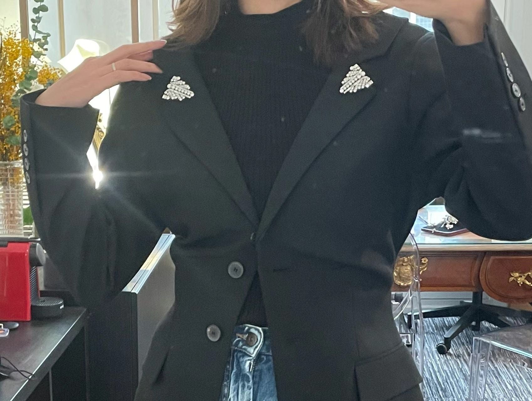 Broche Art Déco double clips en platine, or et diamants