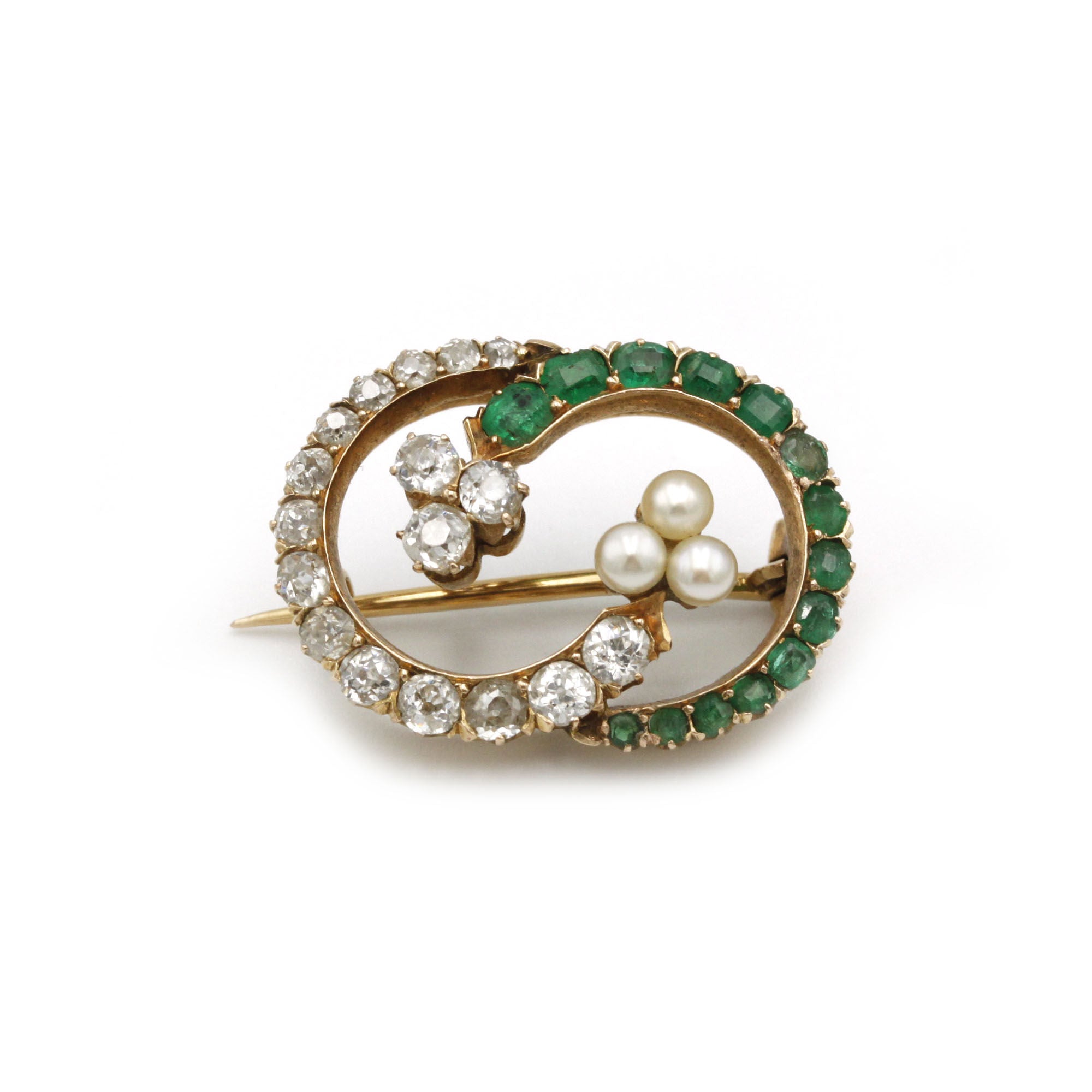 Broche - Or, Emeraudes, Diamants & Perles