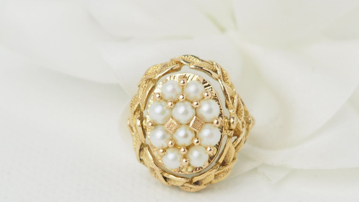 Rocking Ring In Yellow Gold, Pearls And Amazonite