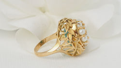 Rocking Ring In Yellow Gold, Pearls And Amazonite